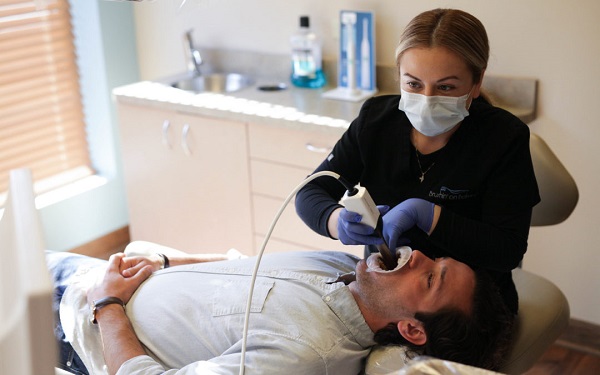 A tooth restoration work in progress at a dental clinic.